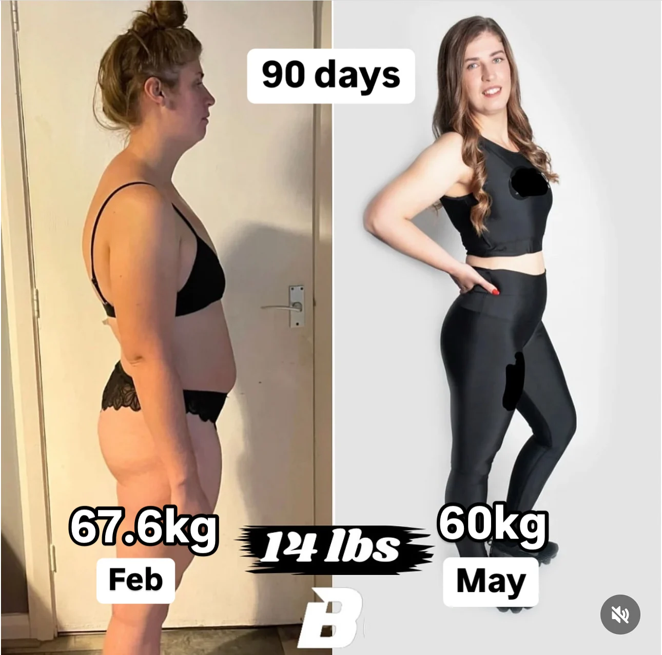 67.6 kg → 60 kg. Before and after, shown side by side.
