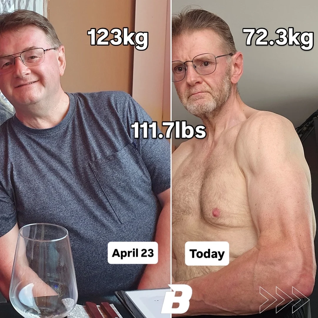 123 kg → 72.3 kg. Before and after, shown side by side.