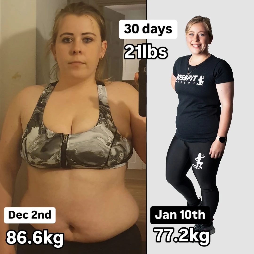 86.6 kg → 77.2 kg. Before and after, shown side by side.