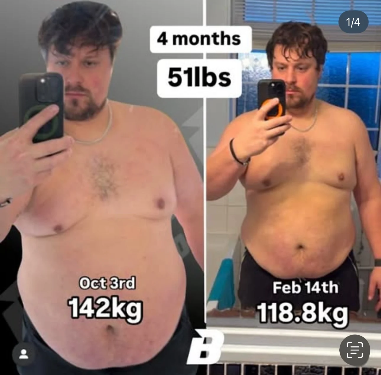 142 kg → 118.8 kg. Before and after, shown side by side.