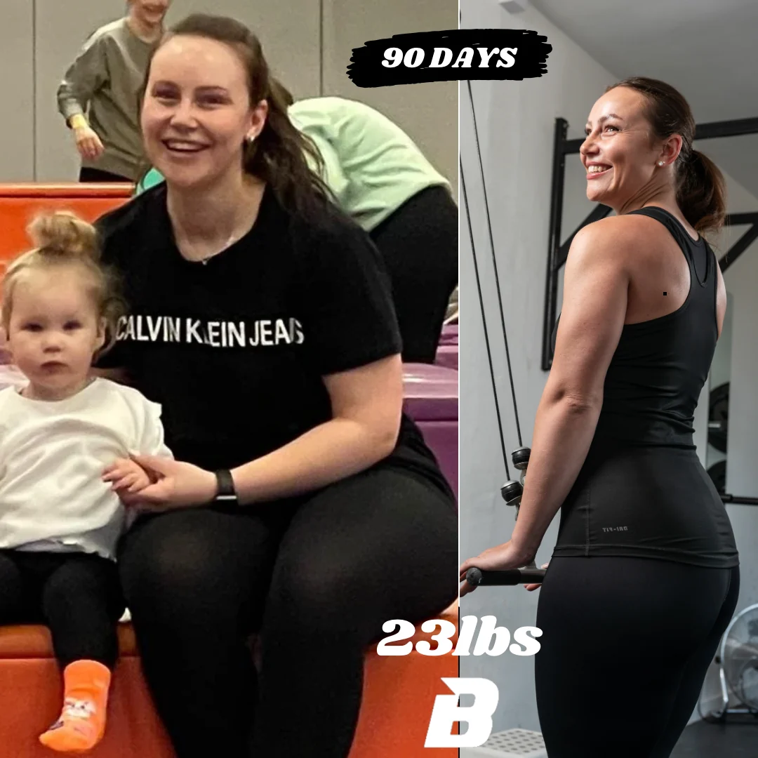 23 lb · 90 days. Before and after, shown side by side.