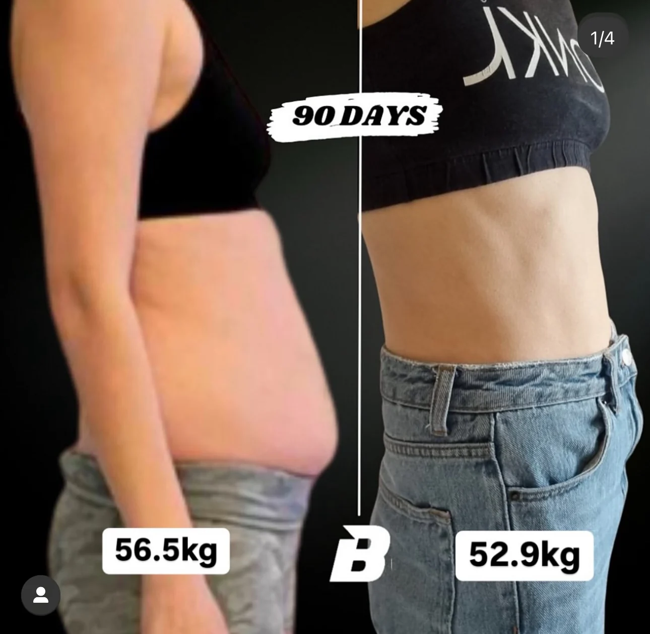 56.5 kg → 52.9 kg. Before and after, shown side by side.
