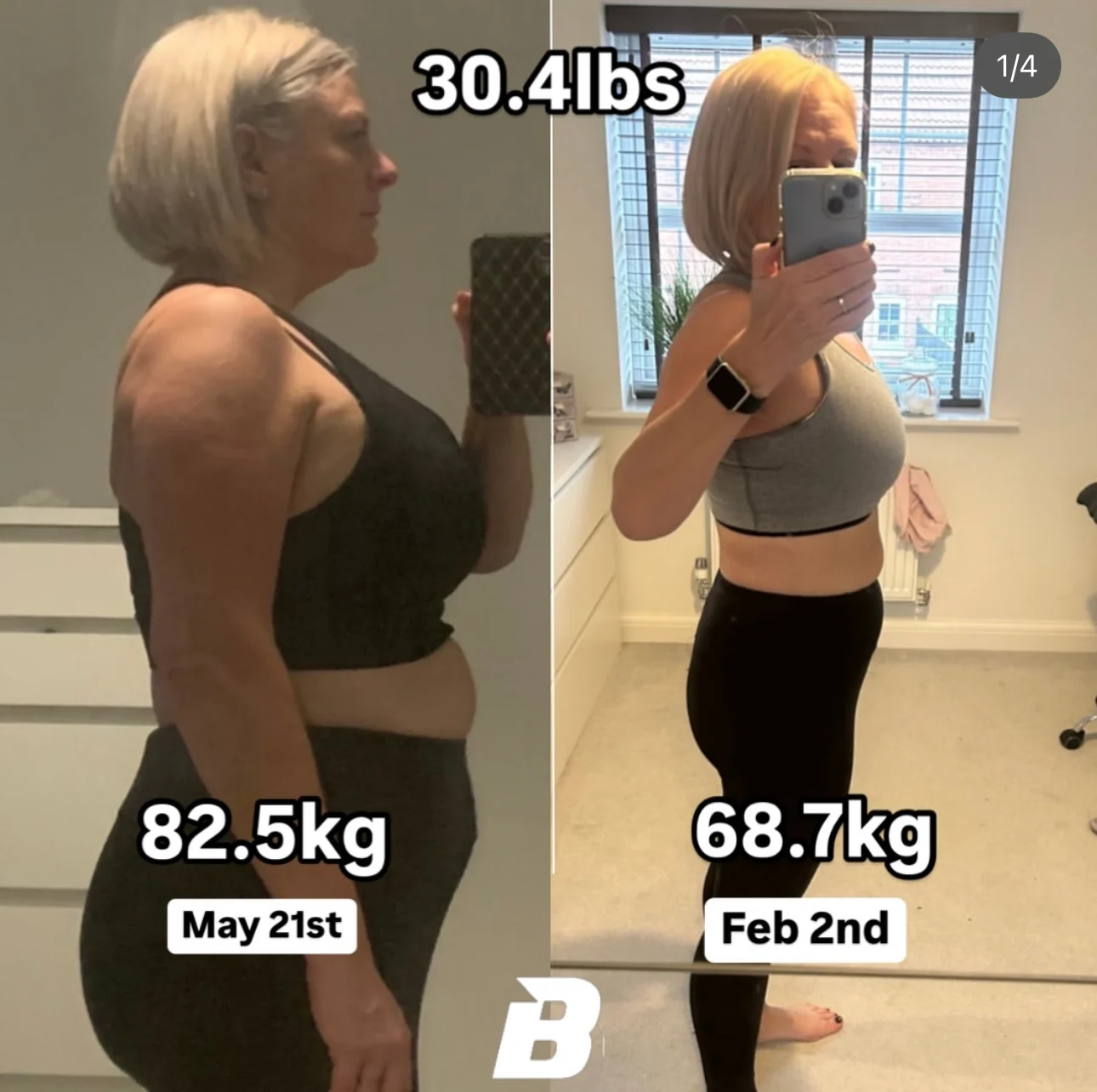 82.5 kg → 68.7 kg. Before and after, shown side by side.